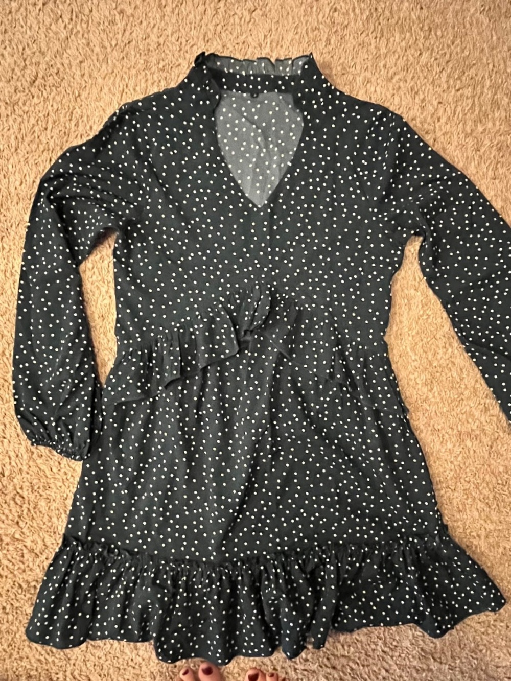 Dark Green White Polka Dot Long Sleeve Ruffle Tiered Mini Dress Size S